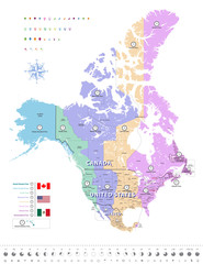 Obraz premium Canada, United States and Mexico time zones map. All elements separated in detached and labeled layers. Vector