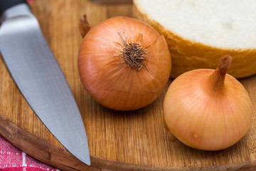 Onions on the wooden cutting board