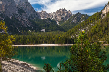 Fototapeta na wymiar Mountain Lake di Braies, Italy