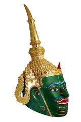 Indra Thai tradition Khon mask head, charactor when he was a king with white isolated background