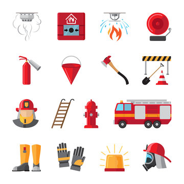 Firefighting and fire safety equipment flat icons. Light buzzer and fire detector, fire station and hydrant. Vector illustration
