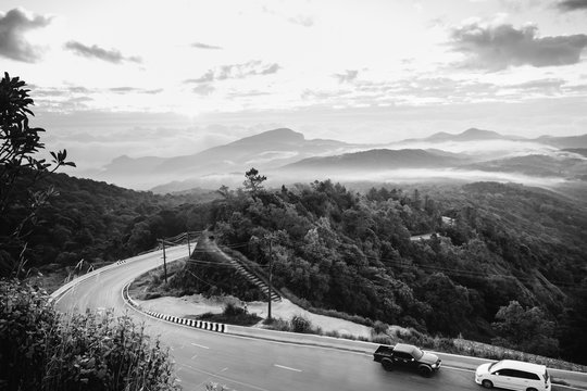Fototapeta Monochrome in black and white of mountain Inthanon national park in Chiangmai, Thailand