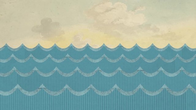 Theatrical Windy Paper Sea Waves on a Painted Cloudy Sky Background