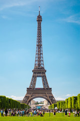 Eiffel Tower view from Champ de Mars in Paris, France
