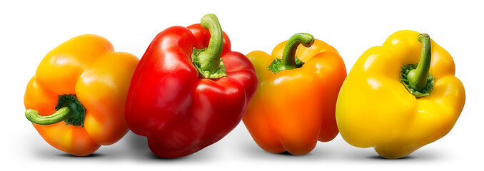 Group of multi colored bell peppers isolated on white background.