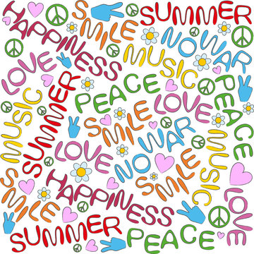 hand-drawn fonts and symbols in the hippie style isolated on white background