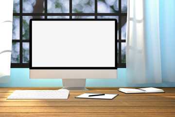 3D Rendering : illustration of workplace mockup.PC monitor on wooden table with comfortable feel.translucent curtain and glass window with blurred nature outside.clipping path included