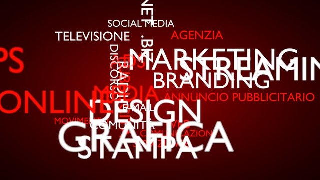 Marketing, branding word tag cloud - red, Italian variant, 3D rendering, UHD