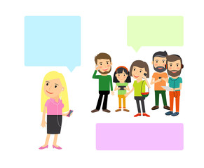 Fototapeta premium Cartoon illustration, people with gadgets and speech bubbles. Vcetor illustration