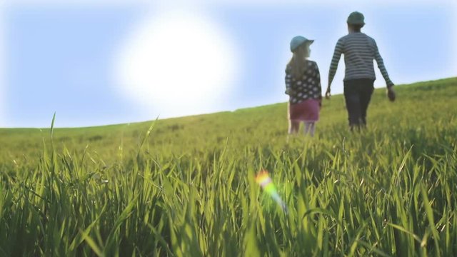 Children are going by the green meadow towards the bright sun. Green spring field under a blue sky.