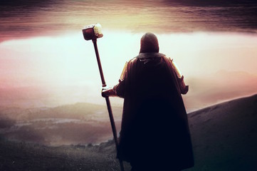 medieval Templar knight looking for holy grail