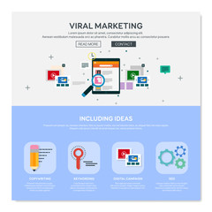 One page web design template of viral media production, digital marketing service, social engagement for business. Flat design graphic.