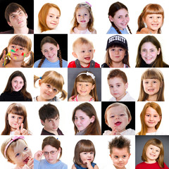 collage di visi di bambini di diversa età  
