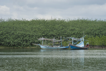 Obraz premium traditional fishing boat on the sea with mangrove forest in background.cloudy sky.filtered image.selective focus