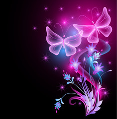 Obraz na płótnie Canvas Flowers ornament, stars and magic butterflies