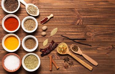 Spices on brown rustic wooden background, soft focus, horizontal
