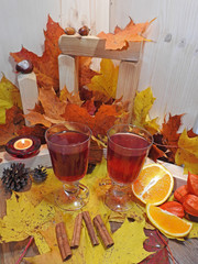 Autumn composition, cup of red tea