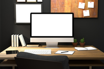 3D Rendering : illustration of modern creative workplace.PC monitor on wooden table.translucent curtain and glass window with sunlight shining from the outside.clipping path included