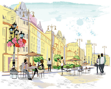 Series of the street cafes with people, men and women, in the old city, watercolor vector illustration.