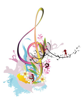 Abstract watercolor treble clef with splashes and dancing people.