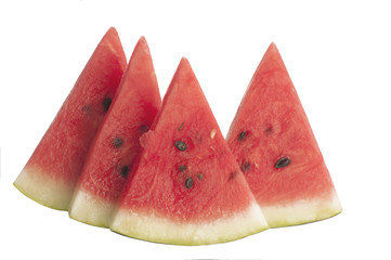 Four slices of watermelon, isolated on white background