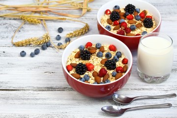 Healthy homemade oatmeal  breakfast, wild strawberries, blueberries & blackberries