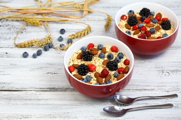 Healthy homemade oatmeal  breakfast, wild strawberries, blueberries & blackberries