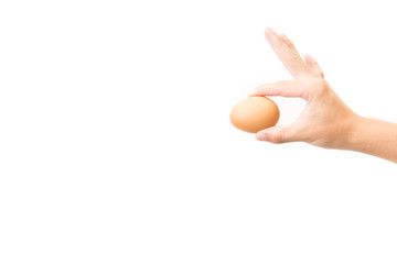 Hand holds a brown egg on a white background