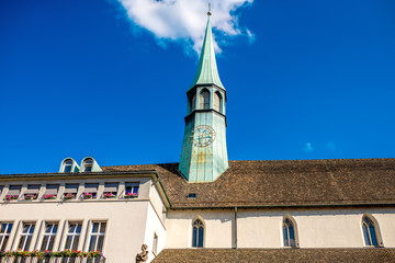 Fototapeta na wymiar Spire of Augustine church in Zurich city in Switzerland
