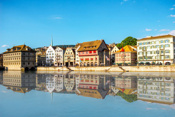 View on the riverside with beautiful buildings in Zurich city in Switzerland