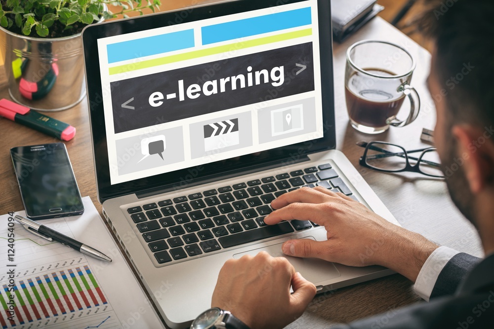 Poster man working on a laptop with e-learning on the screen