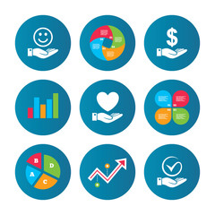 Smile and hand icon. Heart, Tick symbol.