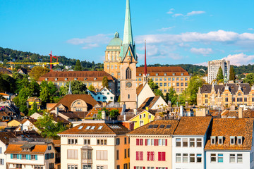 Fototapeta na wymiar Zurich cityscape view with Prediger church's tower in Switzerland