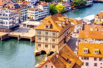 Aerial view on the town hall and bridge in Zurich city in Switzerland