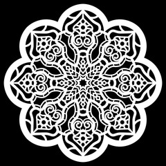 Lace round paper doily, lacy snowflake, greeting element,  template for cutting  plotter, round pattern, laser cut  template, doily to decorate the cake,  vector illustrations.
