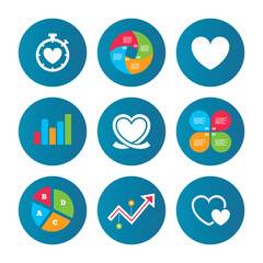 Heart ribbon icon. Timer stopwatch symbol.