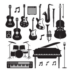 Fototapeta premium Jazz Music Instruments Silhouette Objects Set, Black and White Symbol and Icons Vector