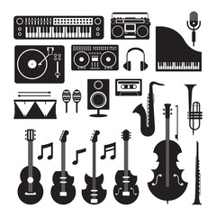 Music Instruments Silhouette Objects Set, Black and White Symbol and Icons Vector