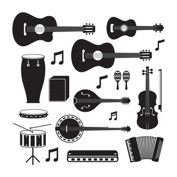 Music Instruments Acoustic Silhouette Objects Set, Black and White Symbol and Icons Vector