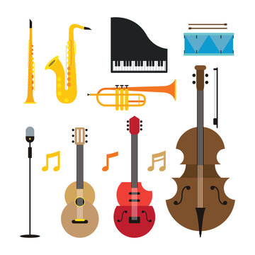 Jazz Music Instruments Objects Set, Flat Design Symbol and Icons Vector