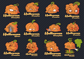 Comic illustrations of Halloween themed pumpkin head face characters