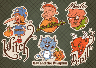 Comic illustrations of Halloween themed evil witch, cat, monster, boy, devil head face characters