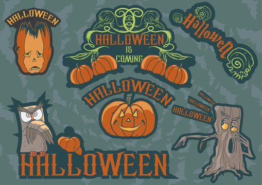 Halloween themed illustrations of owl and pumpkin labels