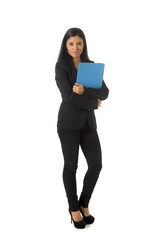 corporate portrait young attractive latin businesswoman happy holding folder isolated white background
