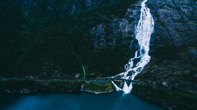 Summer mountain Langfoss waterfall on slope (Etne, Norway). Aeri