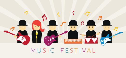 Fototapeta na wymiar Musician with Instruments, Band, Group, Flat vector Design Character