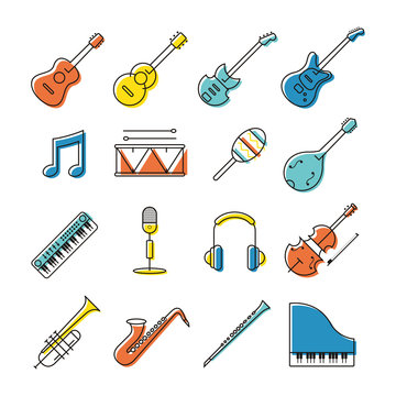 Music Instruments Objects Icons Set, Line Design, Festival, Event, Live, Concert