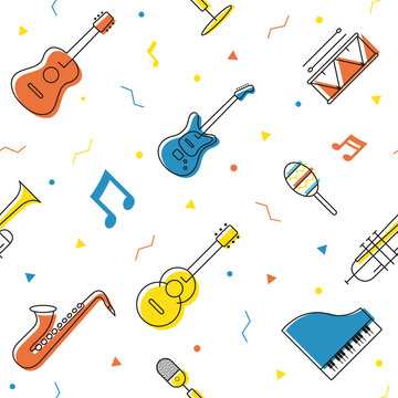 Music Instruments Objects Seamless Pattern, Line Design, Festival, Event, Live, Concert