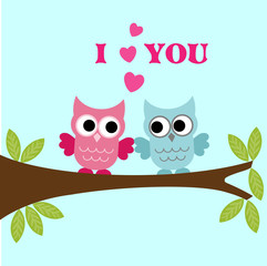 Vector illustration of a two owls couple in love
