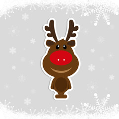 Little Deer with antlers on a background of falling snowflakes. Frosty background. Christmas sticker.